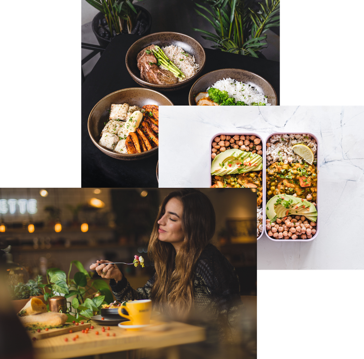 Woman enjoying food, meals in storage container, and food bowls on table